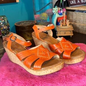 EUC RODEO DURANGO Orange Leather Cork Wedge Sandals size 7 Navajo western design